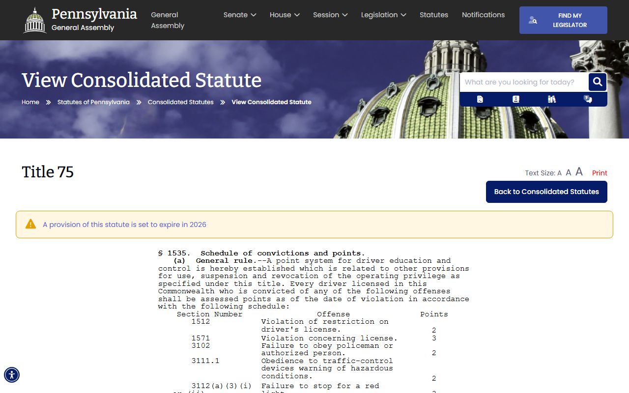Snyder County Clerk of Courts traffic conviction point statute source