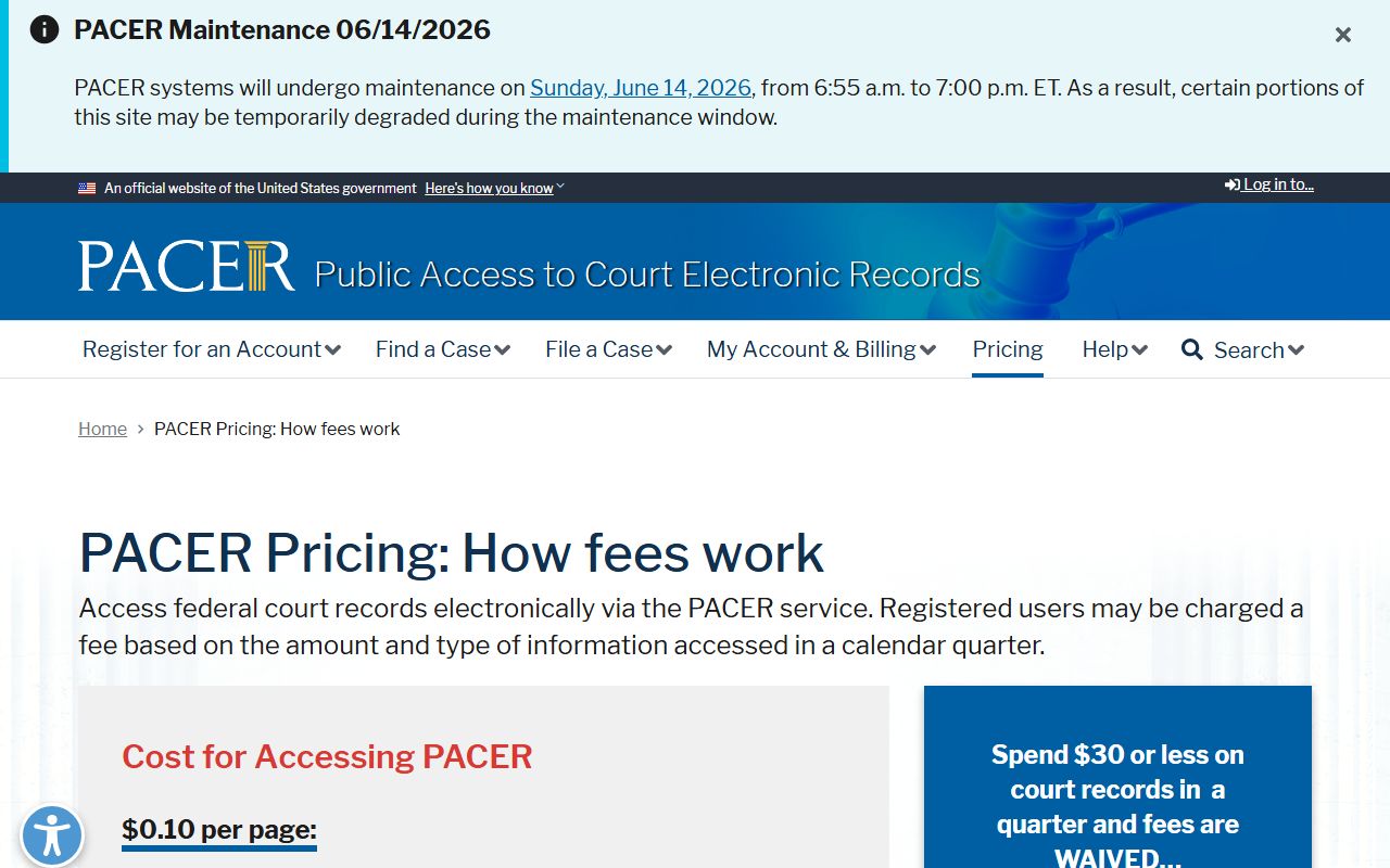 Snyder County Clerk of Courts PACER pricing source