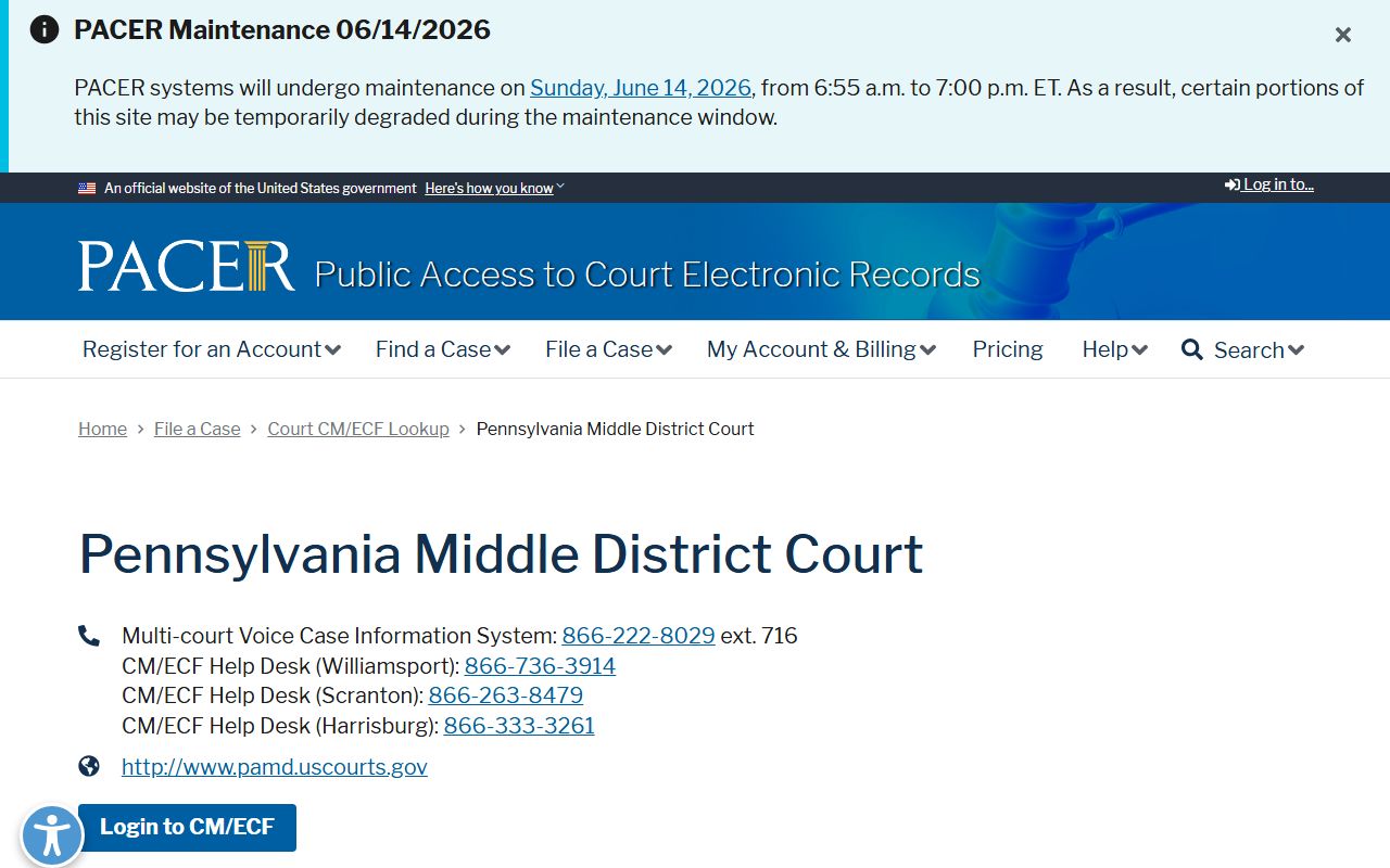 Snyder County Clerk of Courts federal Middle District PACER source
