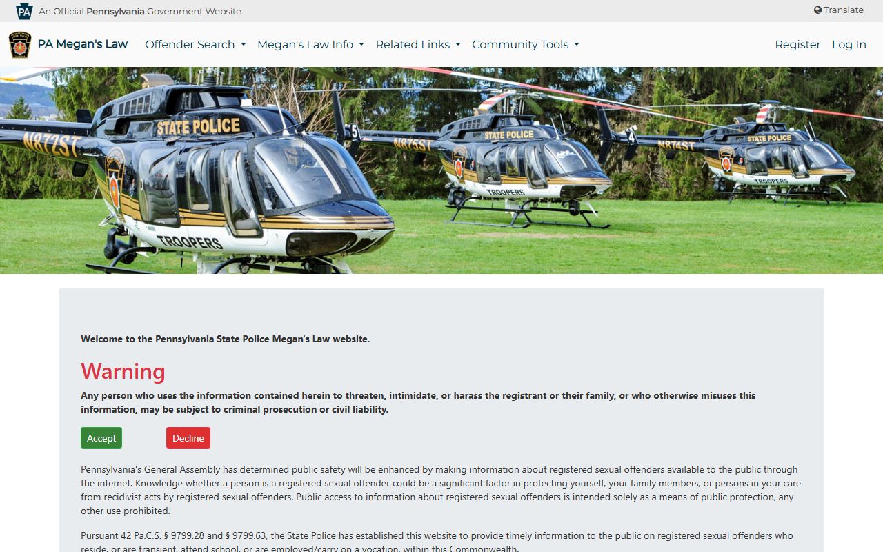 Snyder County court dockets Pennsylvania State Police Megan's Law registry