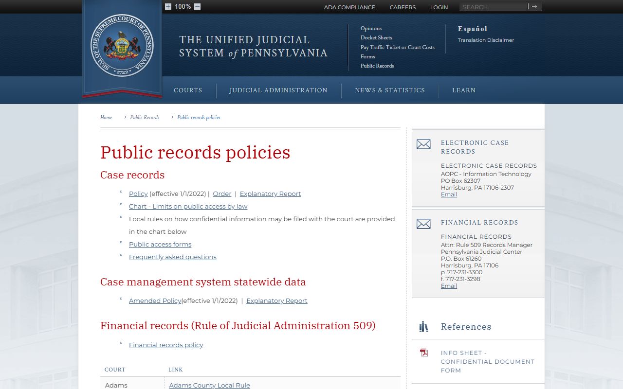 Snyder County court records UJS public records policy page
