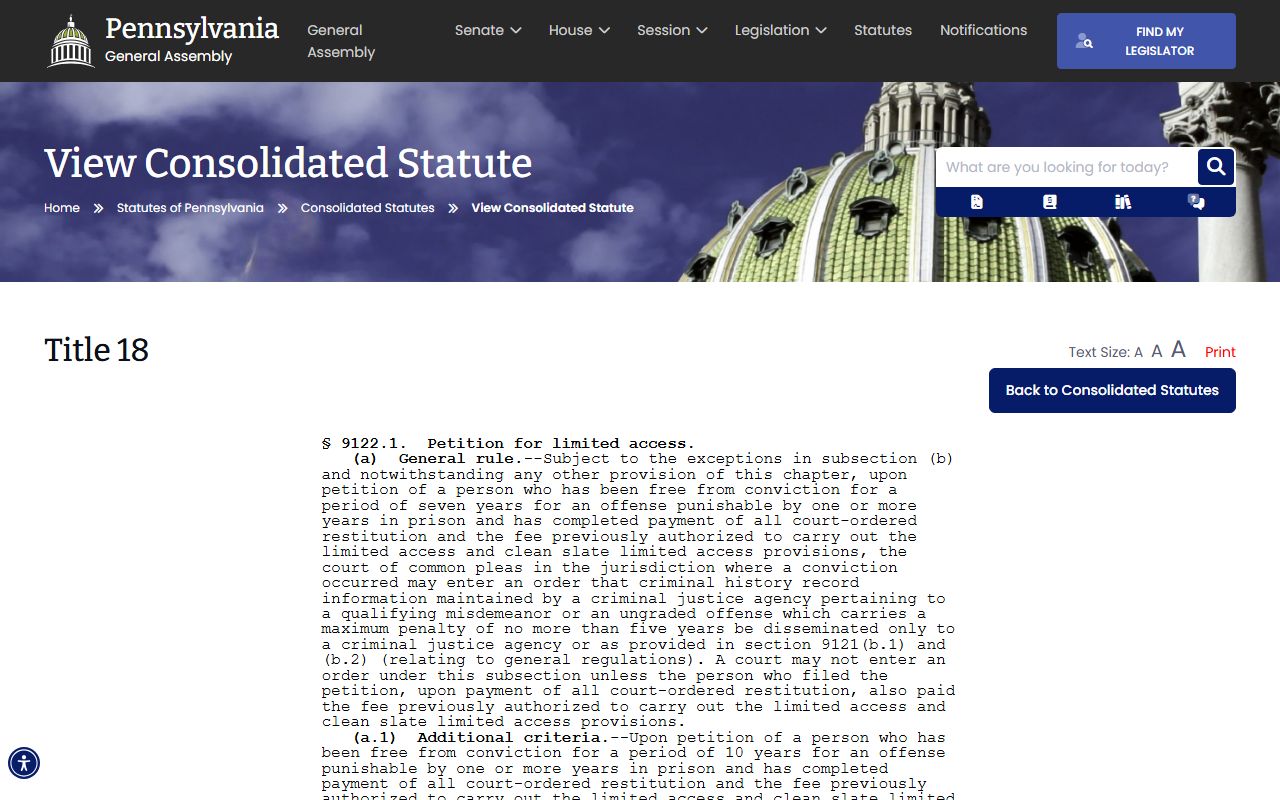 Pennsylvania limited access statute 18 Pa.C.S. Section 9122.1