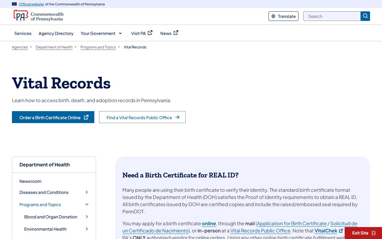 Snyder County marriage records Pennsylvania Department of Health vital records page