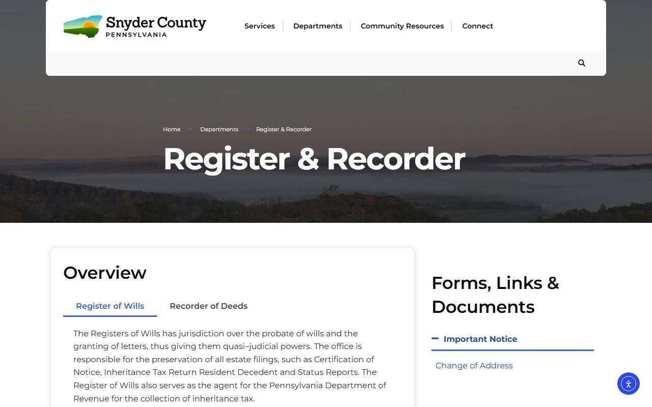 Snyder County probate records Register of Wills and Recorder of Deeds page