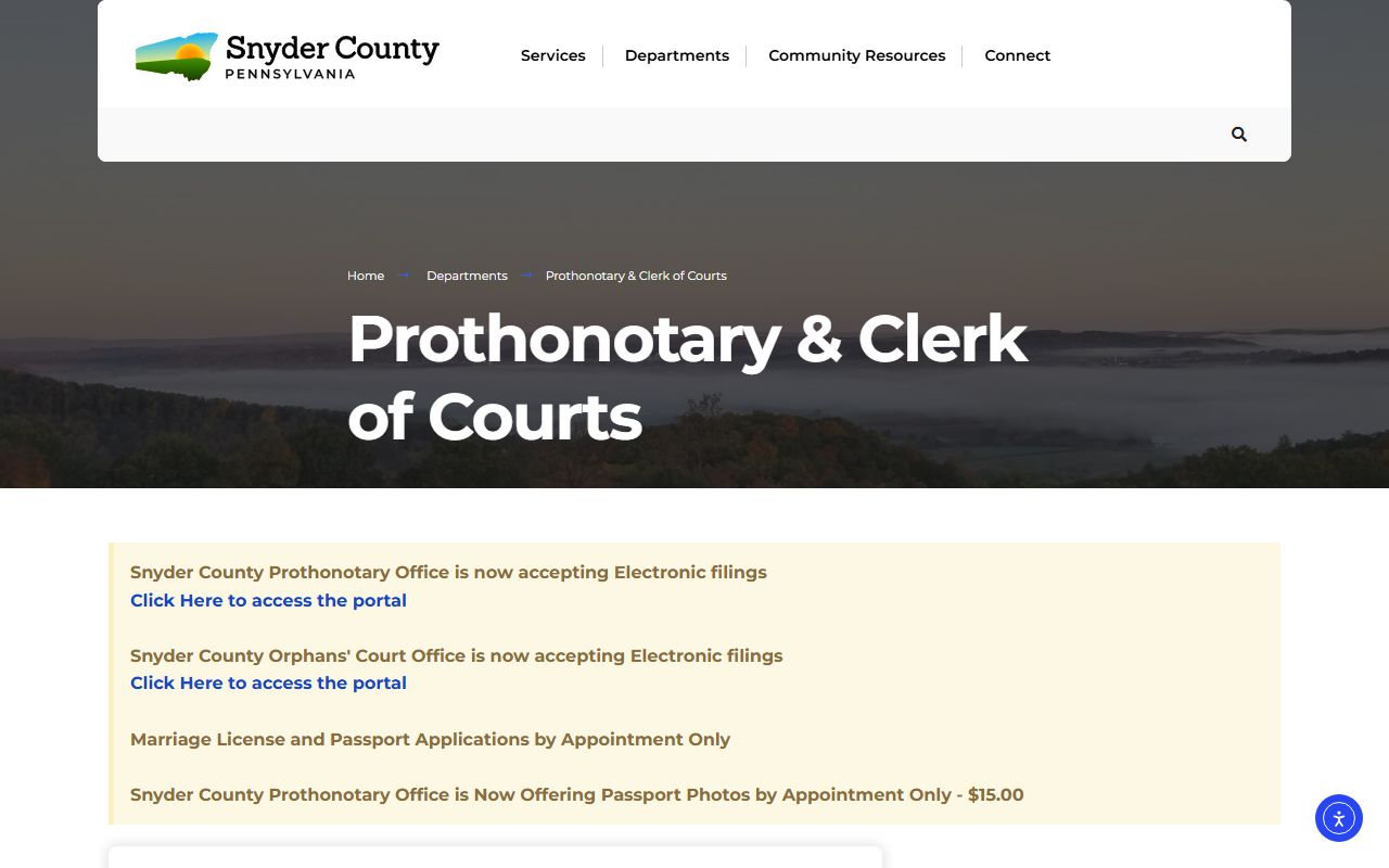 Snyder County Prothonotary records office page