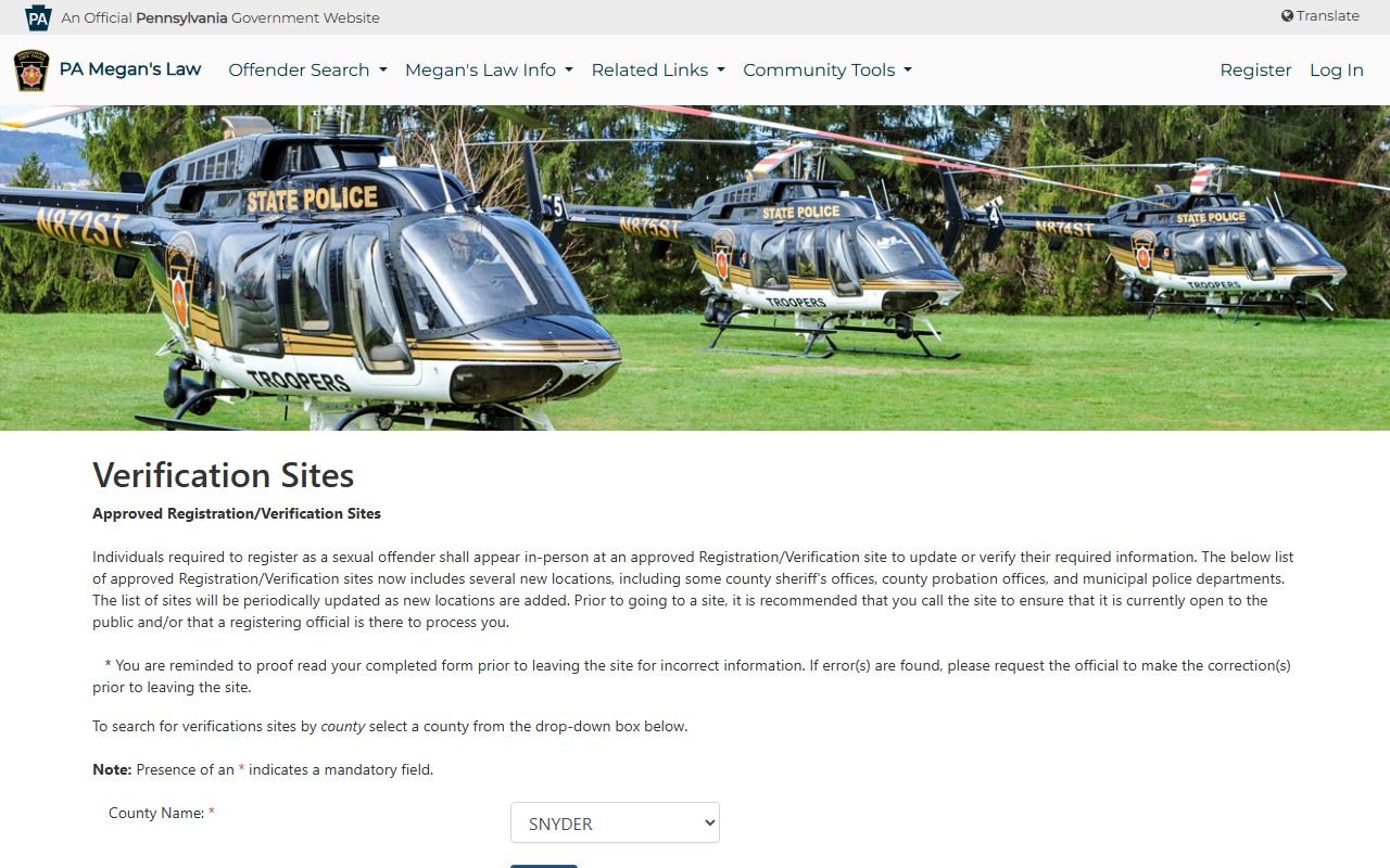 Snyder County Prothonotary record access and Megan's Law verification source