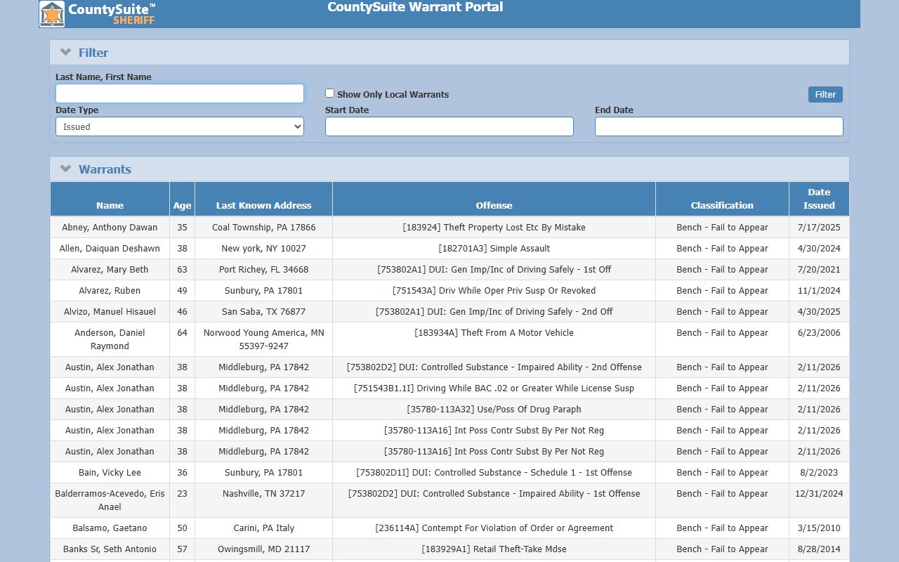 Snyder County warrant records CountySuite active warrant portal