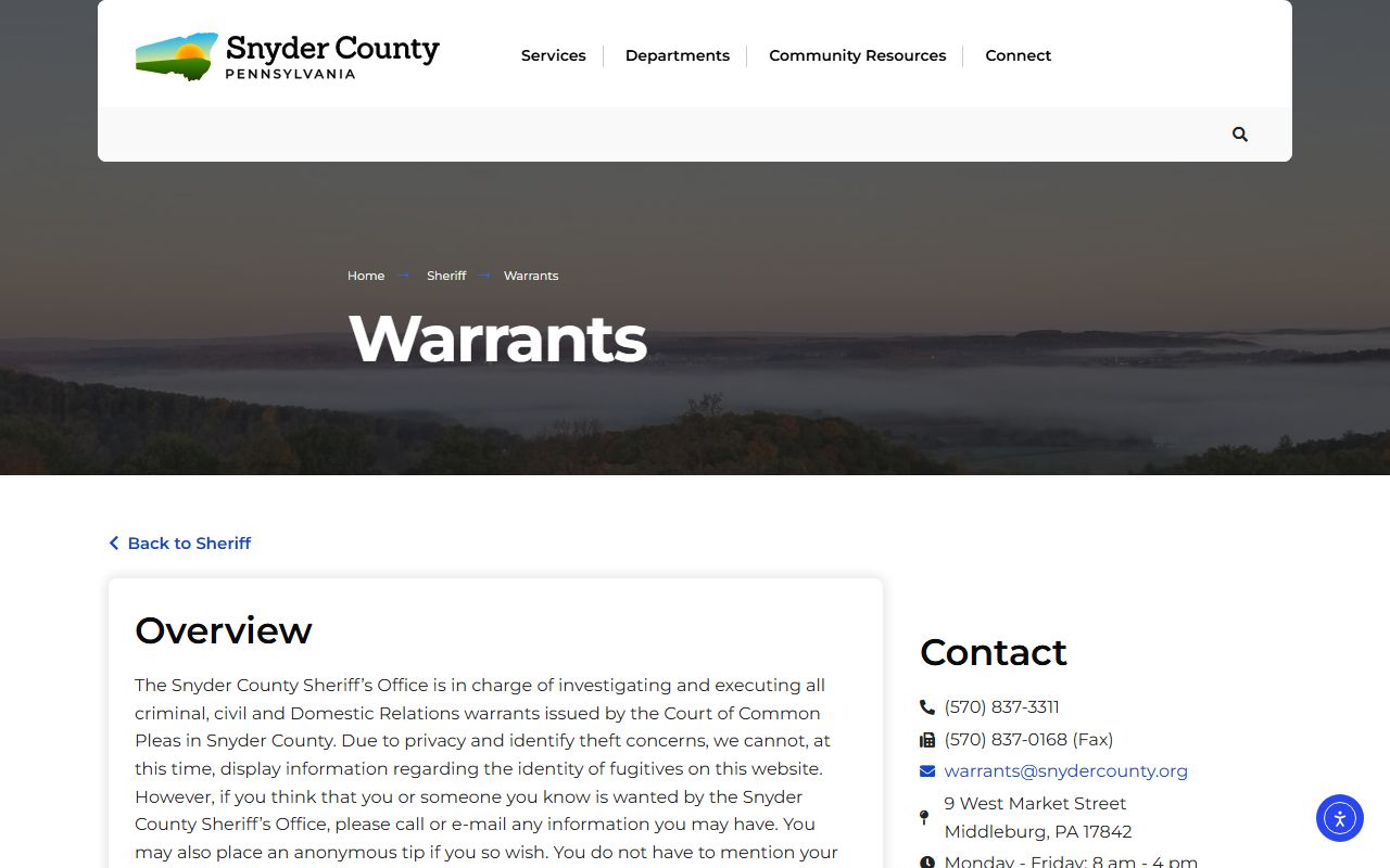 Snyder County warrant search sheriff warrants page